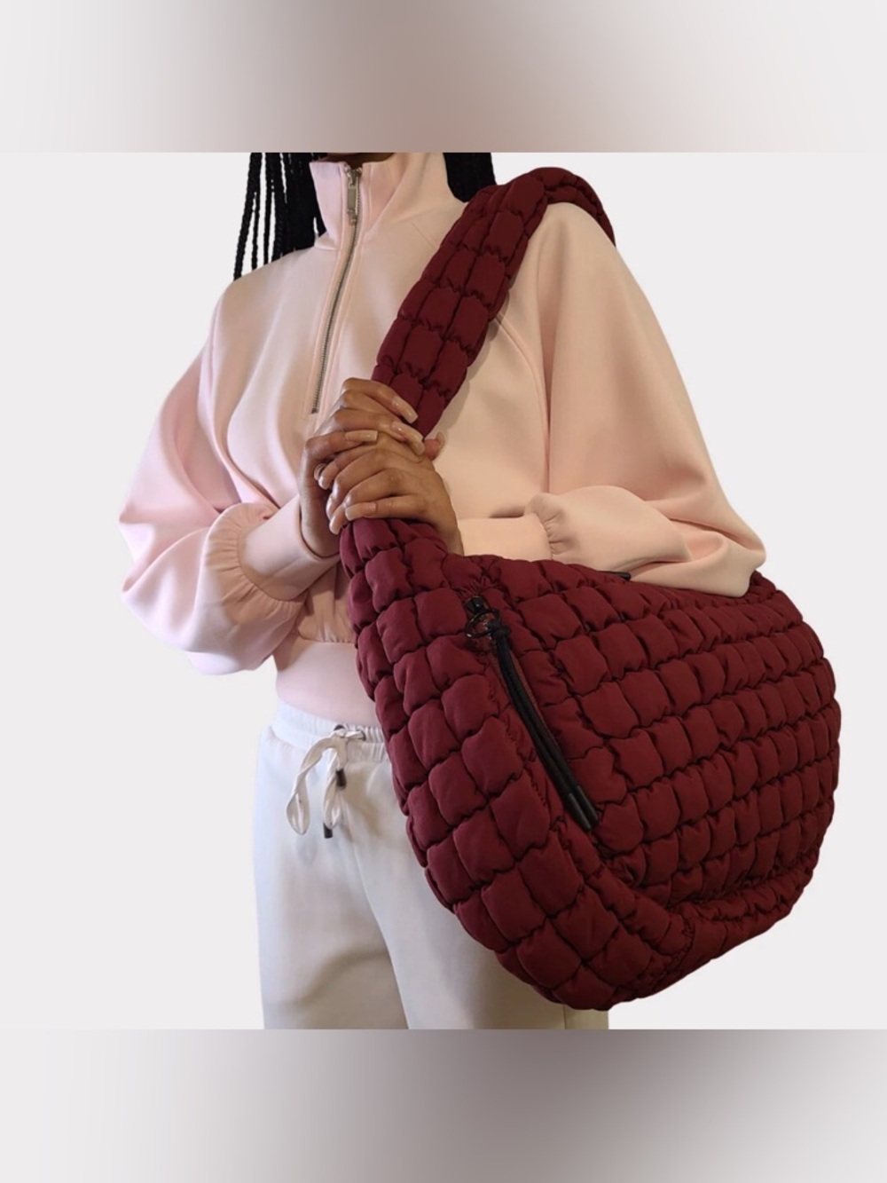 Quilted Hobo Shoulder Bag - Burgundy